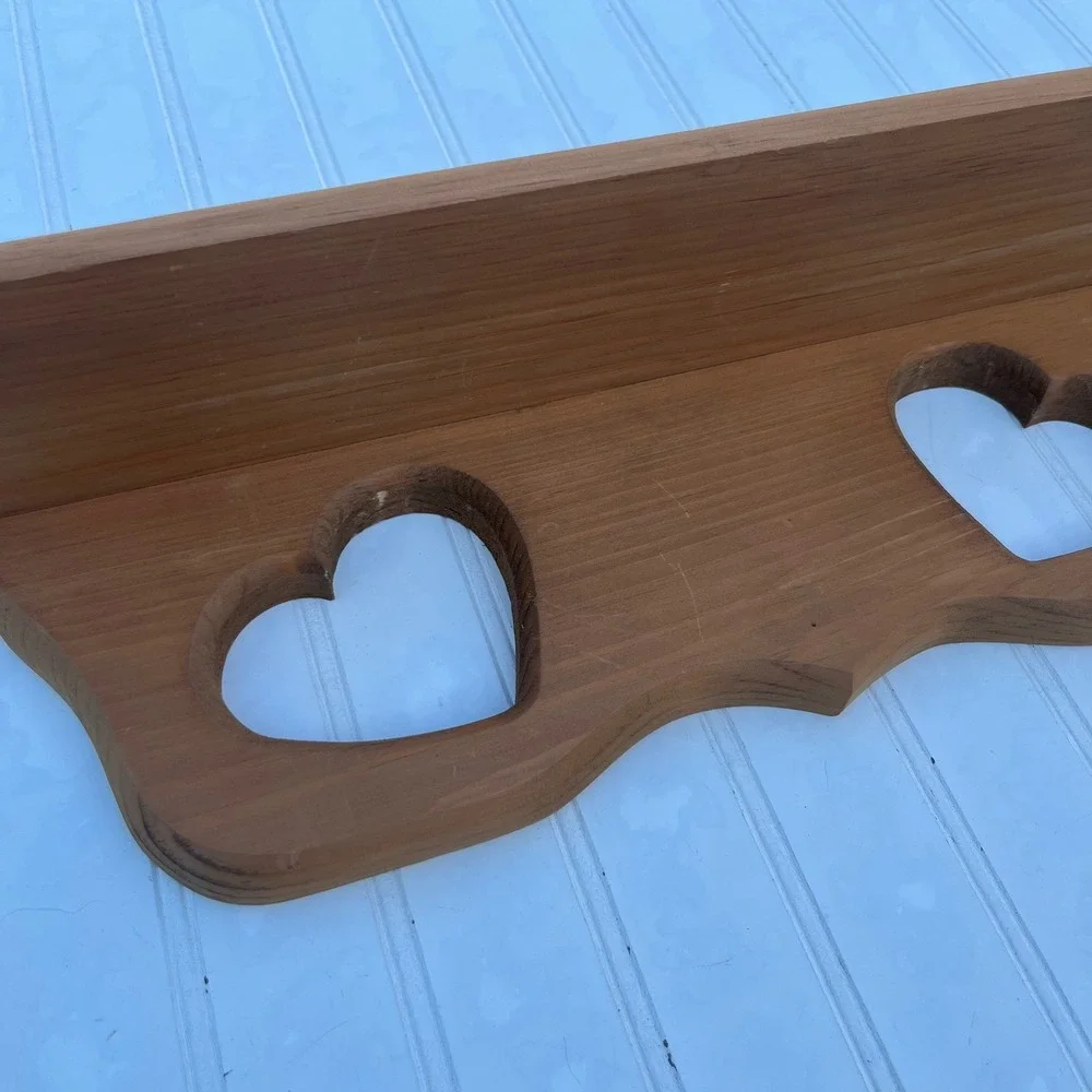Vintage Rustic Wood Wall Shelf Heart Cutouts Farmhouse Display Ledge 18 Inch